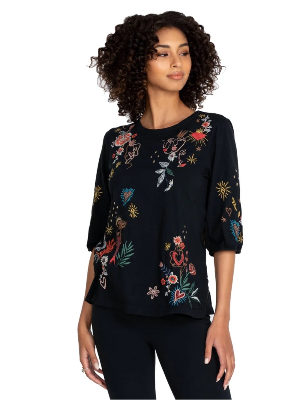 JOHNNY WAS Ruth Puff Sleeve Black Embroidered Floral & Heart Tunic Tee, XL - Picture 2 of 10